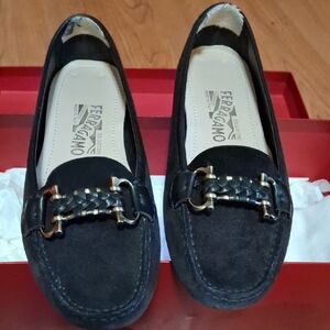 Salvatore Ferragamo Black Suede Loafers with Gold Chain